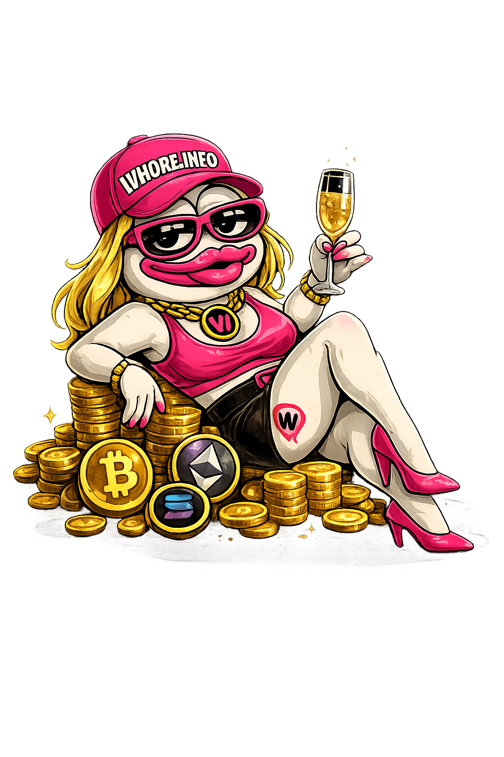 Wendy Liquidity sitting on coins with champagne